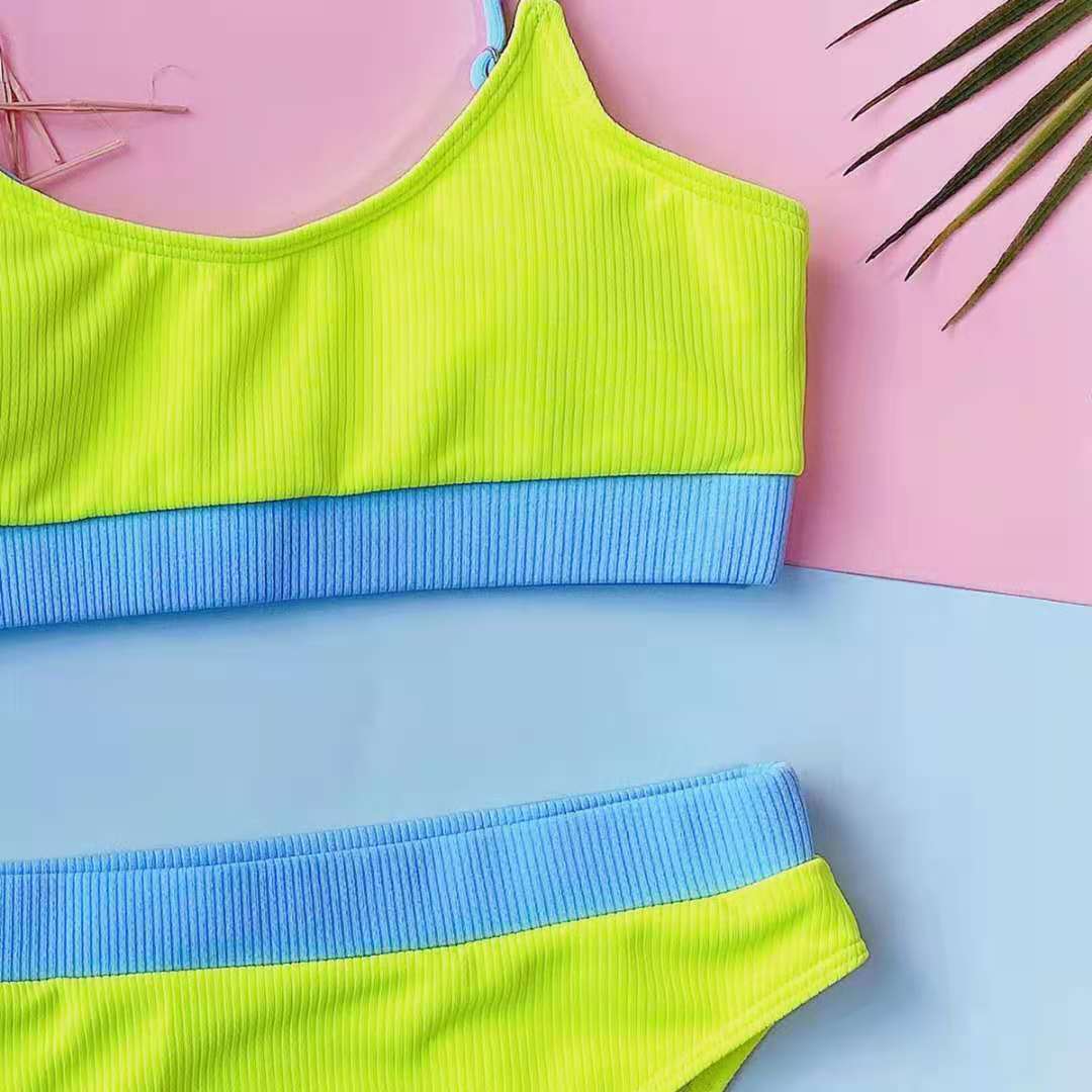 【Plus Size】Neon Yellow & Sky Blue Scoop Neck Bikini Top & Sexy Bottoms Set