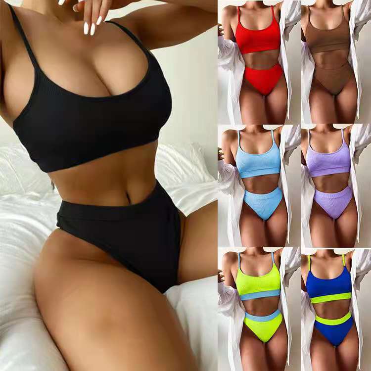 Textured Black Scoop Neck Bikini Top & High-Waisted Bottoms Set