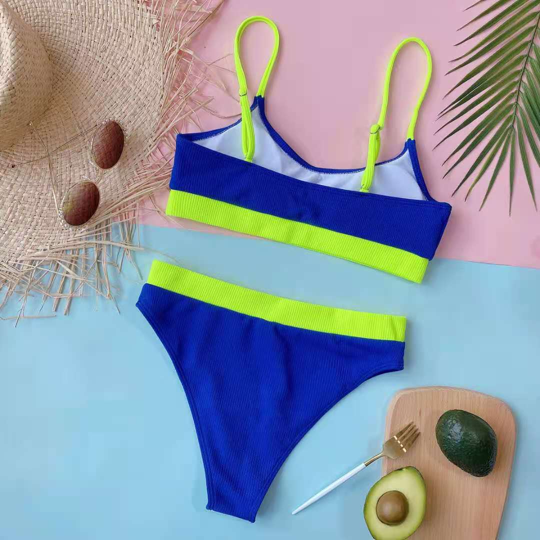 【Plus Size】Neon Yellow & Sky Blue Scoop Neck Bikini Top & Sexy Bottoms Set