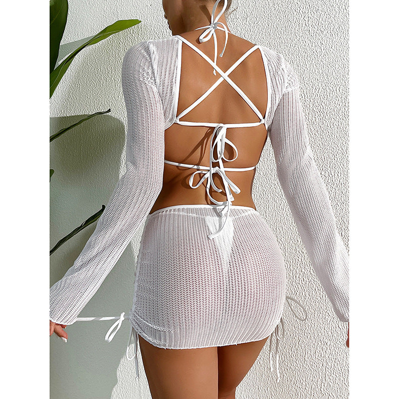 Ivory 3-Piece Bikini Set With Sheer Mesh Cover-Up