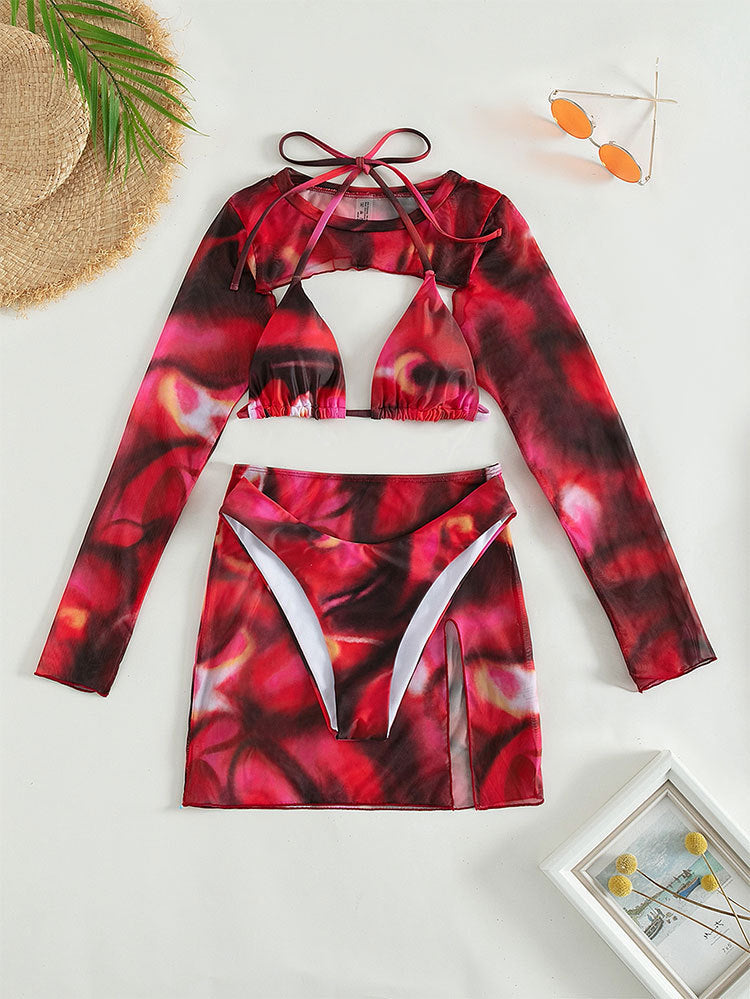 Red Floral Print Bikini 4-Piece Set with Long Sleeve Cover-Up