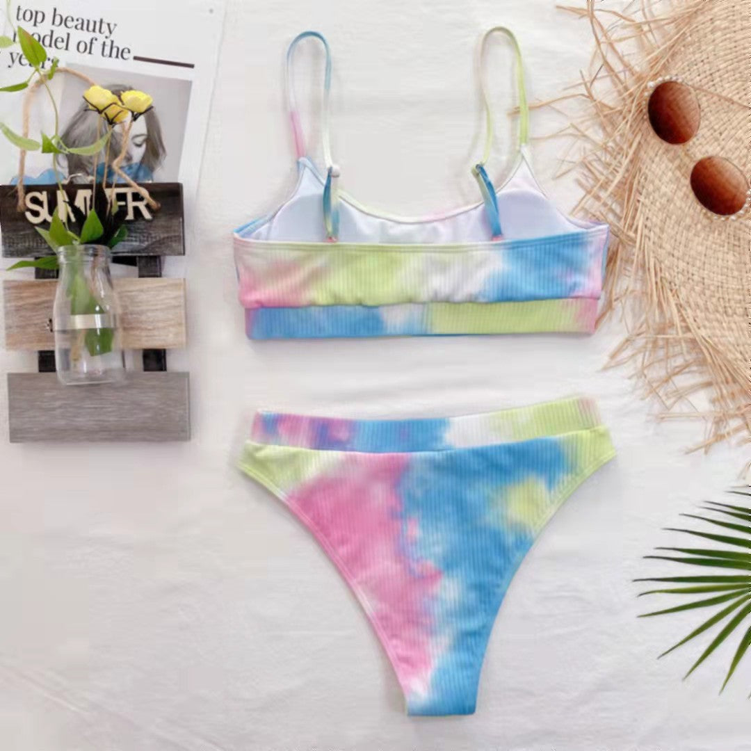 【Summer Edition】Tie-Dye Wash Textured Scoop Neck Top & High Waist Bikini Set