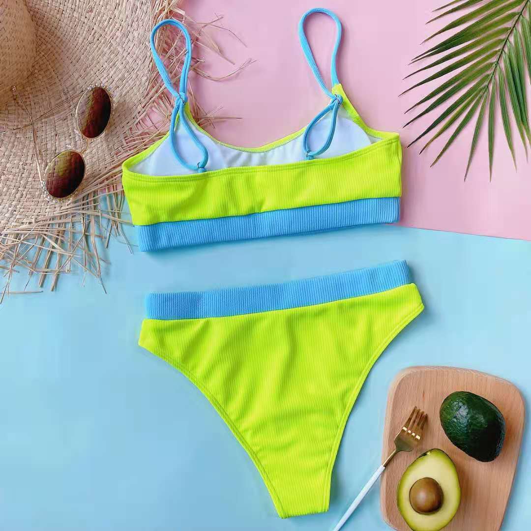 【Plus Size】Neon Yellow & Sky Blue Scoop Neck Bikini Top & Sexy Bottoms Set